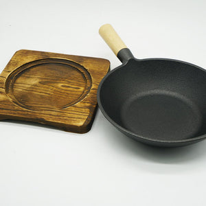 9" Cast Iron Wok with Wooden Base - Eco Prima Home and Commercial Kitchen Supply