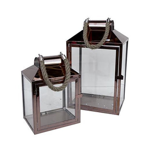 Rectangular Rose Gold Lantern with Rope Handle - Eco Prima Home and Commercial Kitchen Supply