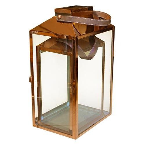 Rectangular Rose Gold Lantern with Leather Handle - Eco Prima Home and Commercial Kitchen Supply