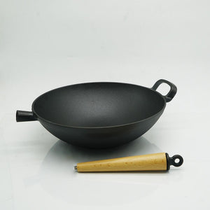 12.5" Cast Iron Wok with Wooden Handle - Eco Prima Home and Commercial Kitchen Supply