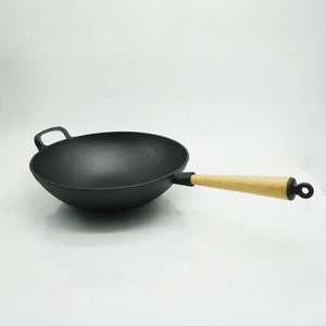 12.5" Cast Iron Wok with Wooden Handle - Eco Prima Home and Commercial Kitchen Supply
